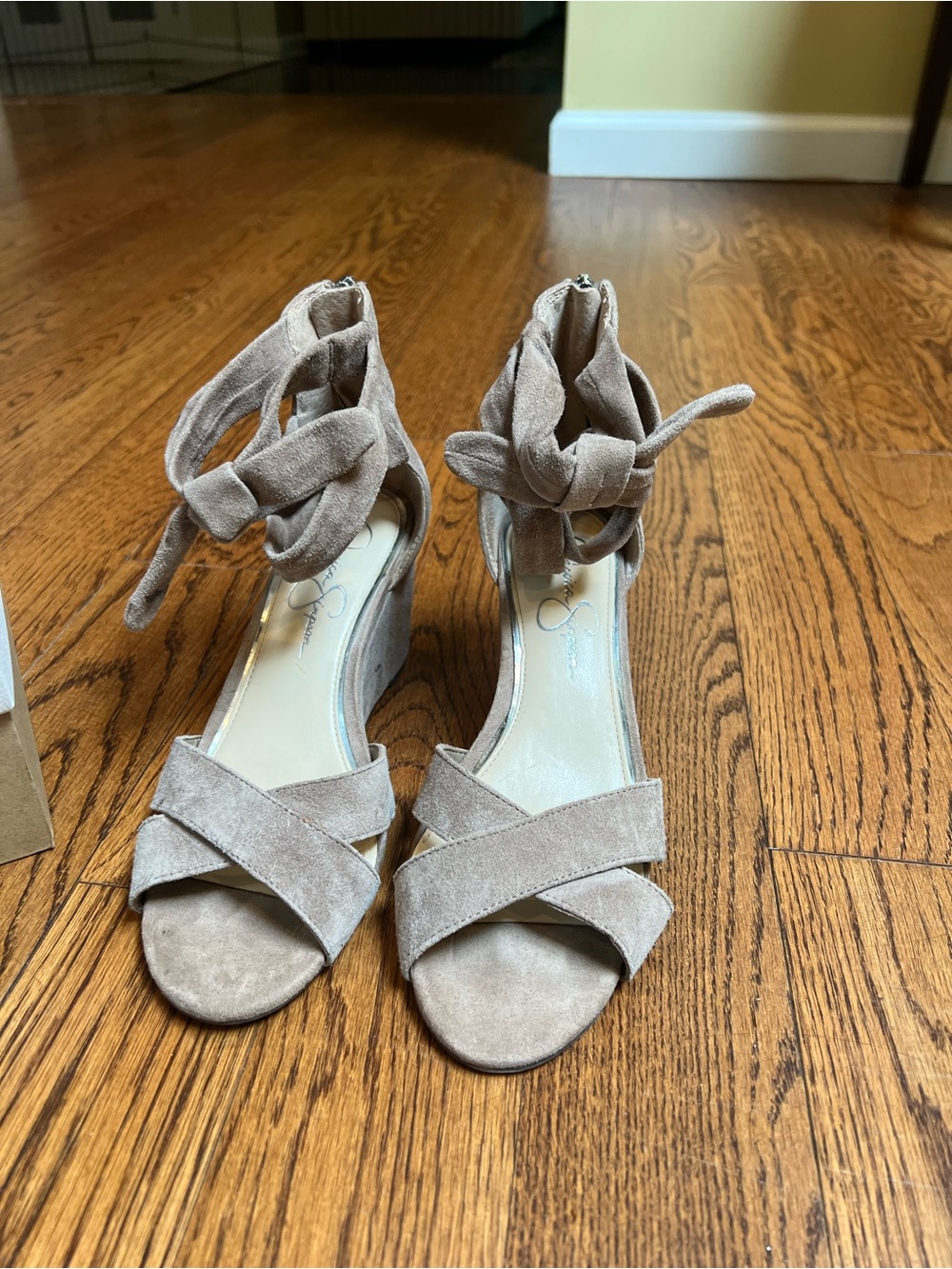 Jessica Simpson Taupe Suede Crisscross Ankle Tie Wedge Sandals